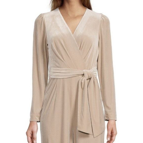 Antonio Melani Jumpsuit Champagne Beige Velvet Long Sleeve V Neck Wrap Tie 0 - Picture 4 of 12